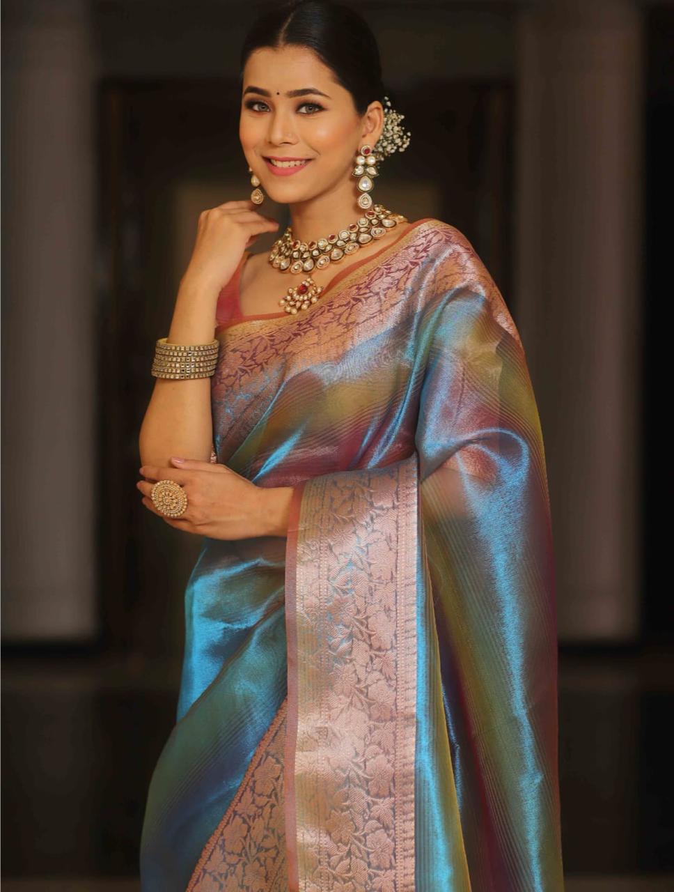 Premium Banarasi Tissue Silk Blue Shade saree