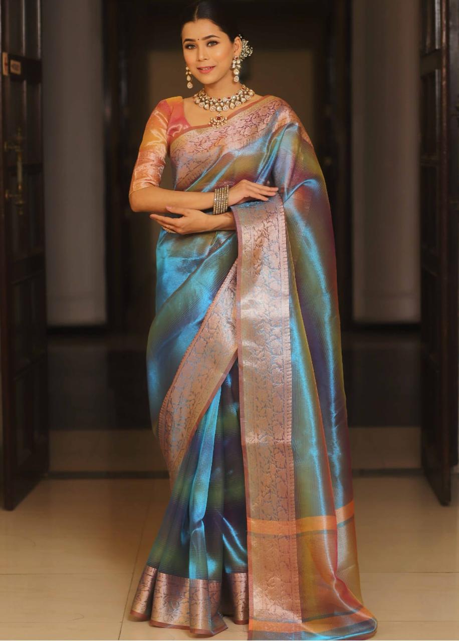 Premium Banarasi Tissue Silk Blue Shade saree