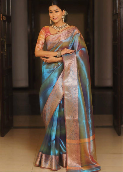 Premium Banarasi Tissue Silk Blue Shade saree