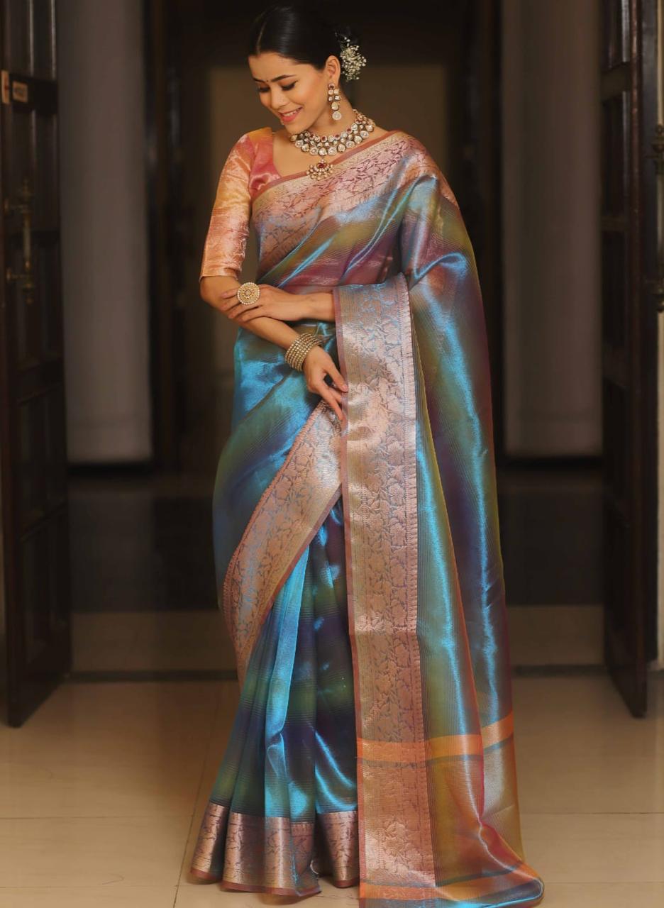 Premium Banarasi Tissue Silk Blue Shade saree