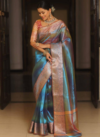 Premium Banarasi Tissue Silk Blue Shade saree
