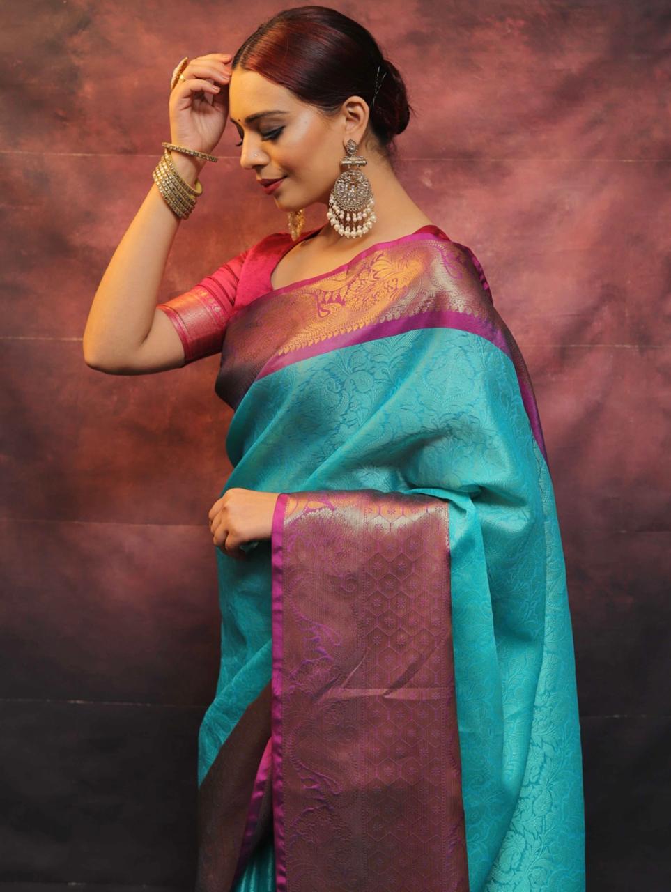 Elegent Traditional wear sea green kora nuslin tanchui parrtn sarees