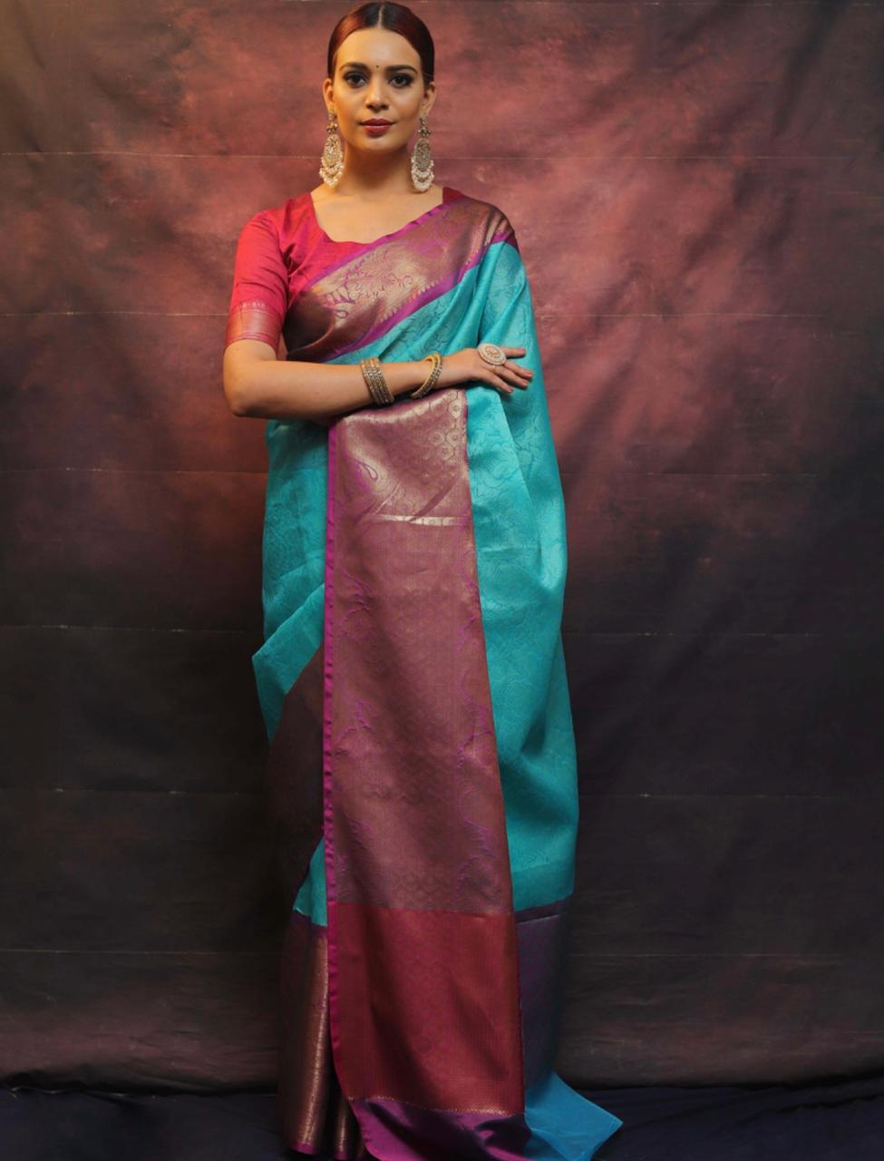 Elegent Traditional wear sea green kora nuslin tanchui parrtn sarees