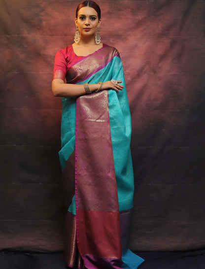 Elegent Traditional wear sea green kora nuslin tanchui parrtn sarees