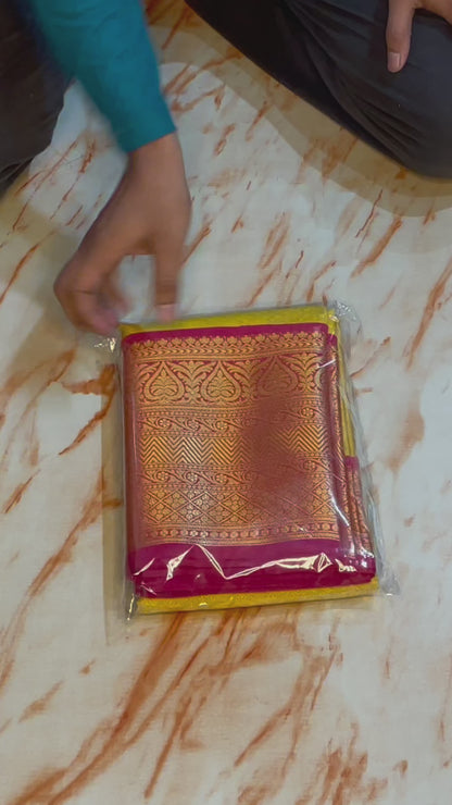 Kanjeevaram yellow Soft Silky Kora muslin saree