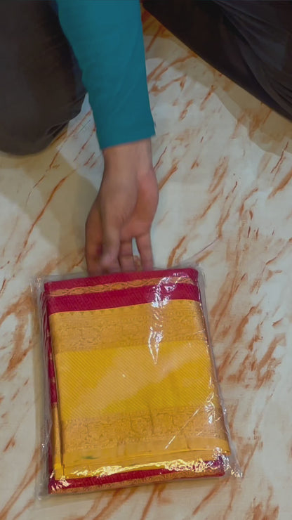 Elegent Kanjeevaram Stipe pattern Kora muslin Red saree with Yellow Skirt Border traditional saree