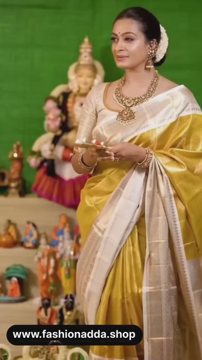 Exclusive Banarasi Glass Tissue Silk Gold zari Saree with  Contrast border & Pallu