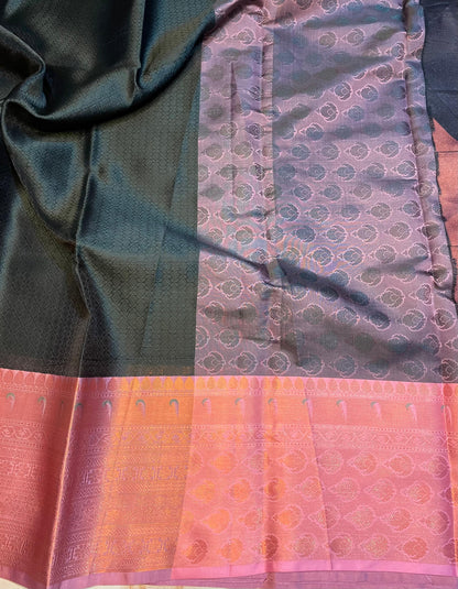 Traditional Kanjeevaram Kora muslin Black+Baby pink Zari weaving Skirt border saree