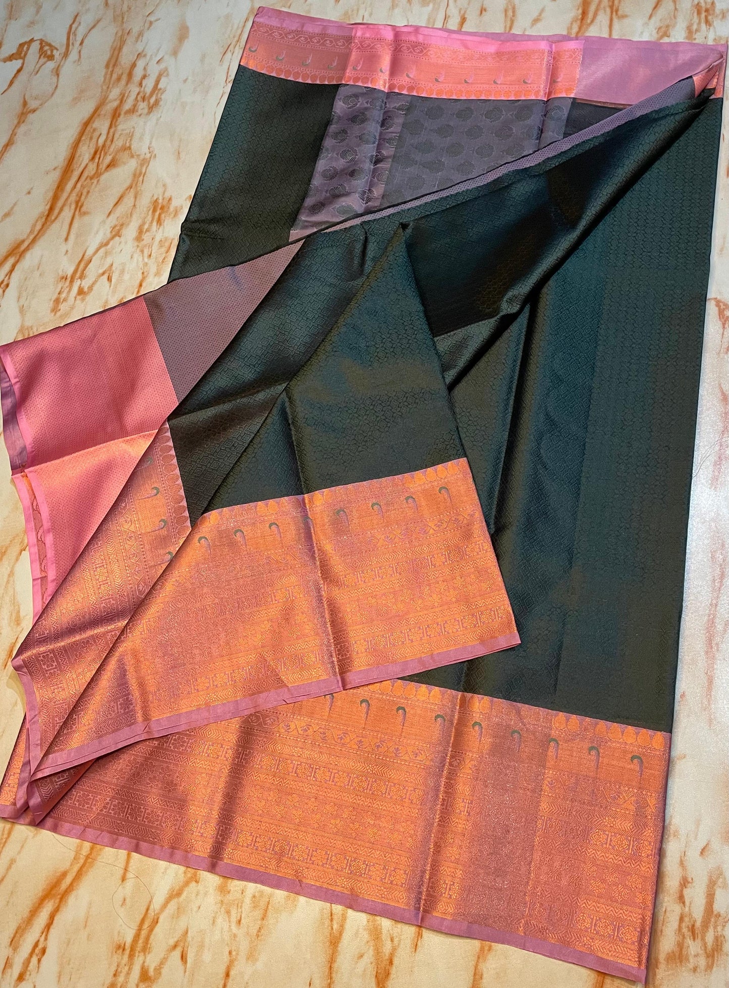Traditional Kanjeevaram Kora muslin Black+Baby pink Zari weaving Skirt border saree