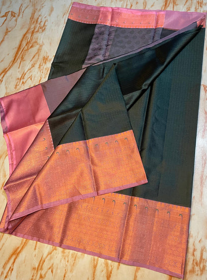 Traditional Kanjeevaram Kora muslin Black+Baby pink Zari weaving Skirt border saree