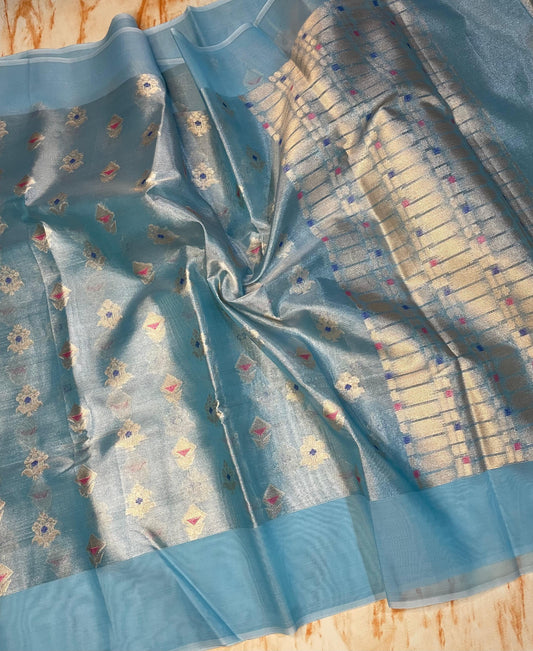Premium Tissue Organza Sea Green with flower weaving butta Pattern sarees