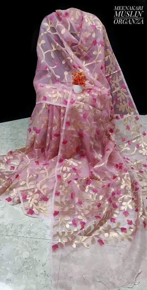 Banarasi Traditional Organza Pink Color Zari weaving Sarees