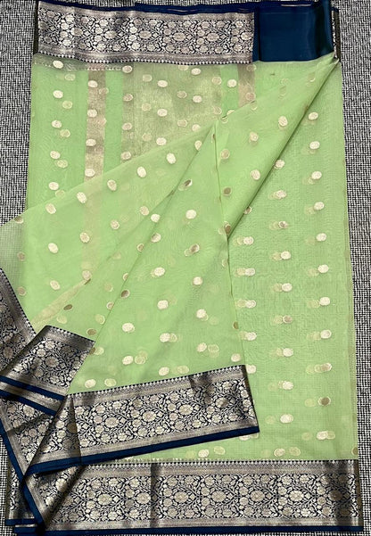 Traditional banarasi Bitti pattern organza Green colour Saree