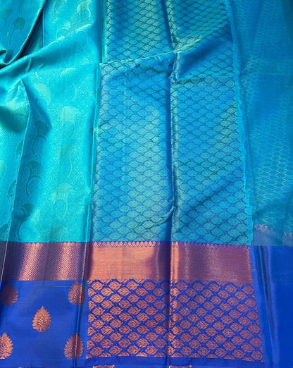 Sky blue With dark blue zari weaving skirt border kora muslin saree