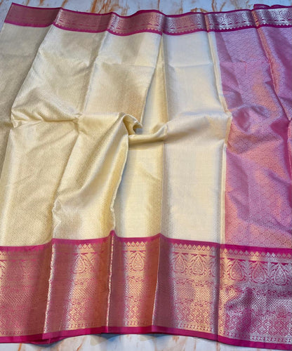Creem colour kora muslin silky saree with Pink Zari weaving Skirt border