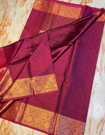 Banarasi Wine colour traditional wear kora muslin saree with gold zari weaving border