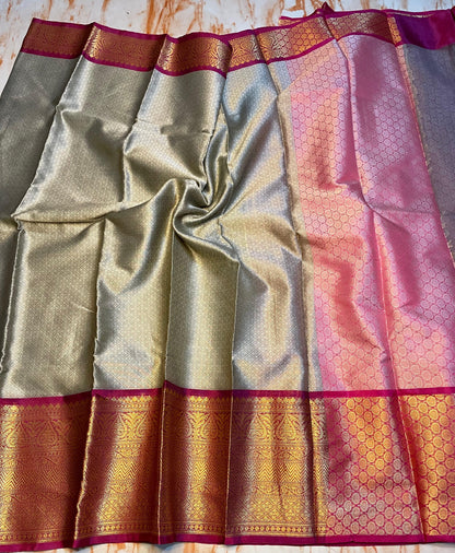 Kanjeevaram Soft silky kora muslin grey color saree with gold zari weaving skirt border saree