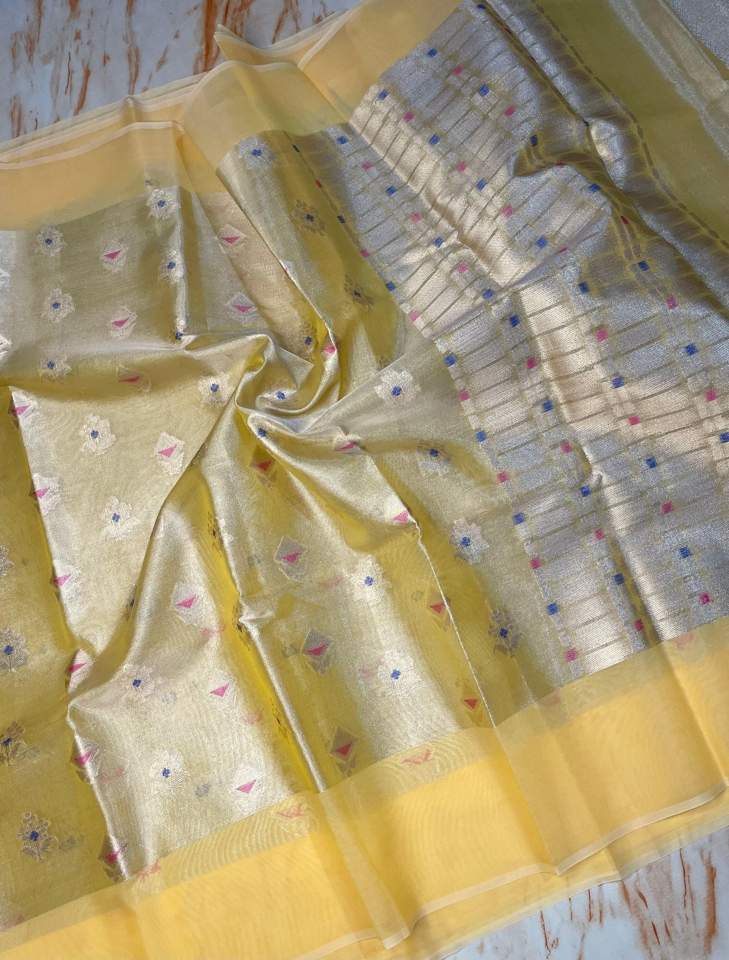 Premium Tissue Organza Yellow Color with flower weaving butta Pattern sarees