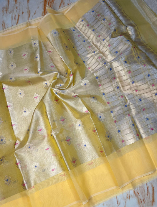 Premium Tissue Organza Yellow Color with flower weaving butta Pattern sarees