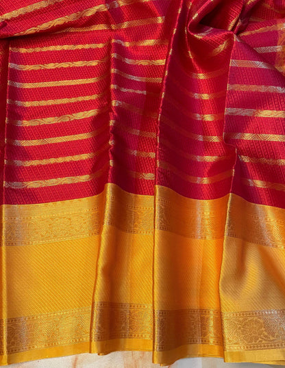 Elegent Kanjeevaram Stipe pattern Kora muslin Red saree with Yellow Skirt Border traditional saree