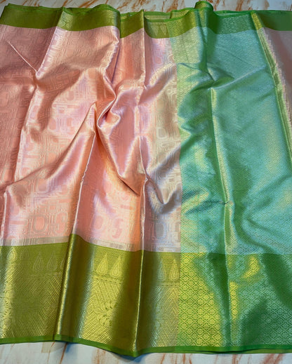 Pretty women's light pink saree with green Skirt zari weaving border