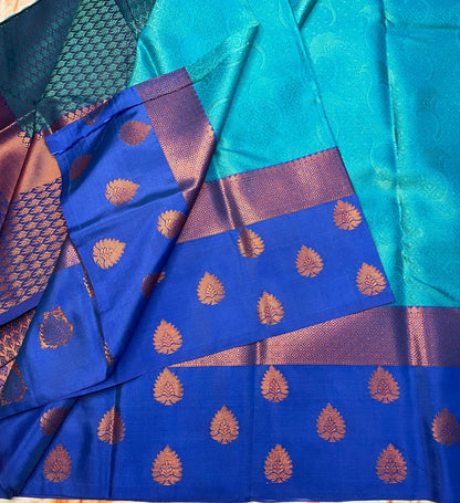 Sky blue With dark blue zari weaving skirt border kora muslin saree