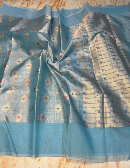 Premium Tissue Organza Sea Green with flower weaving butta Pattern sarees