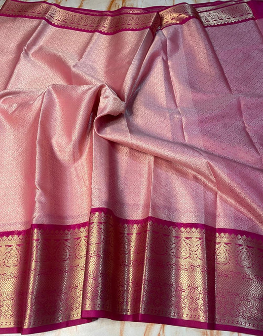 Kanjeevaram Baby pink with gold zari weaving skirt kora muslin sarees