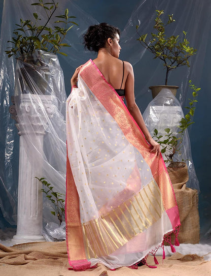 White Banarasi Women's soft cotton Butti Pattern Zari weaving Saree