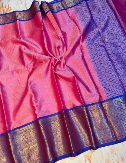 Kanjeevaram Pink with Dark blue Kanchi kora muslin Silky sarees