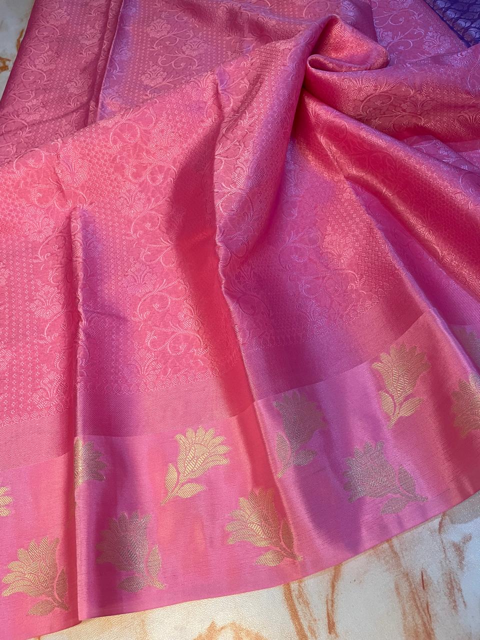 Kanchi kora muslin Soft baby Pink color Saree with flower zari weaving Skirt border saree