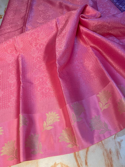 Kanchi kora muslin Soft baby Pink color Saree with flower zari weaving Skirt border saree