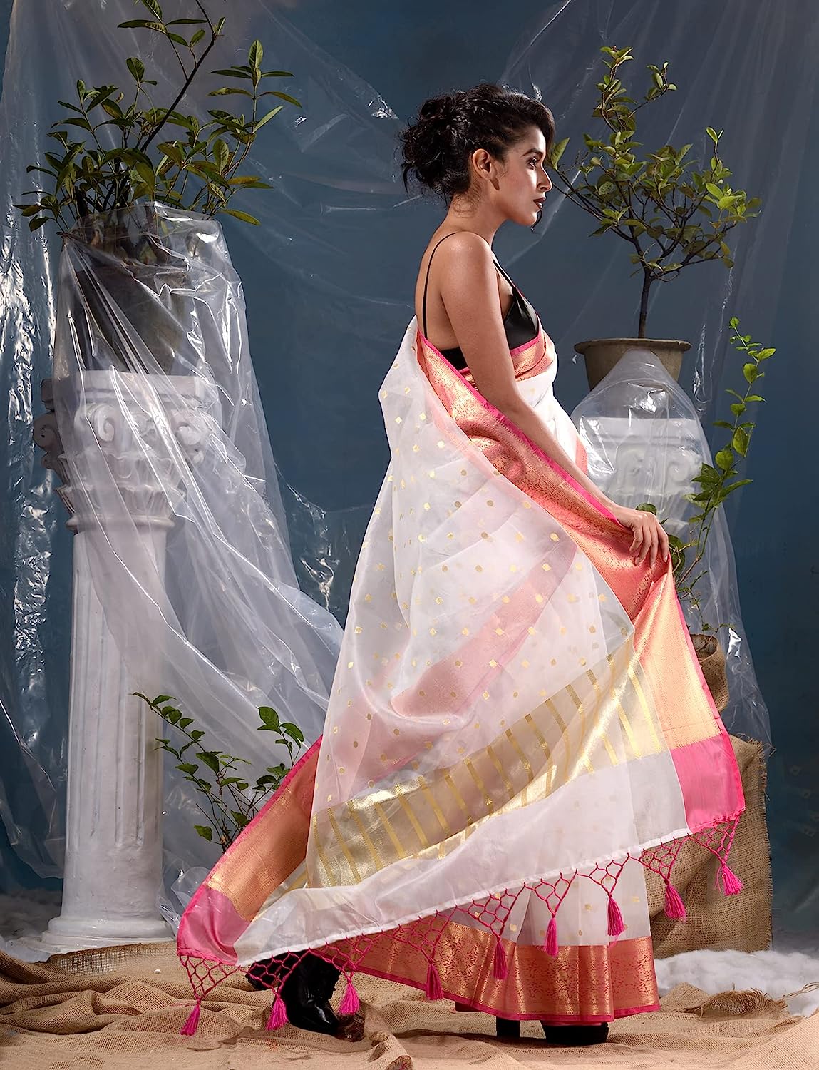 White Banarasi Women's soft cotton Butti Pattern Zari weaving Saree
