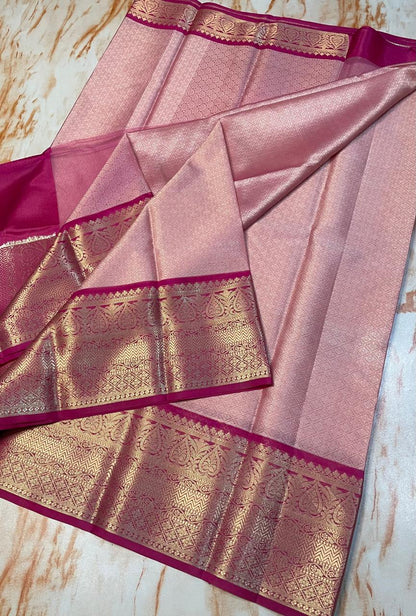 Kanjeevaram Baby pink with gold zari weaving skirt kora muslin sarees