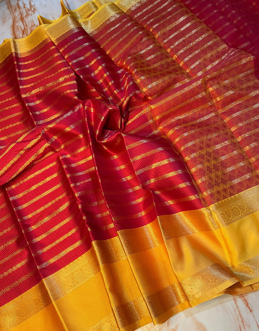 Elegent Kanjeevaram Stipe pattern Kora muslin Red saree with Yellow Skirt Border traditional saree