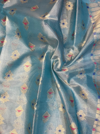 Premium Tissue Organza Sea Green with flower weaving butta Pattern sarees