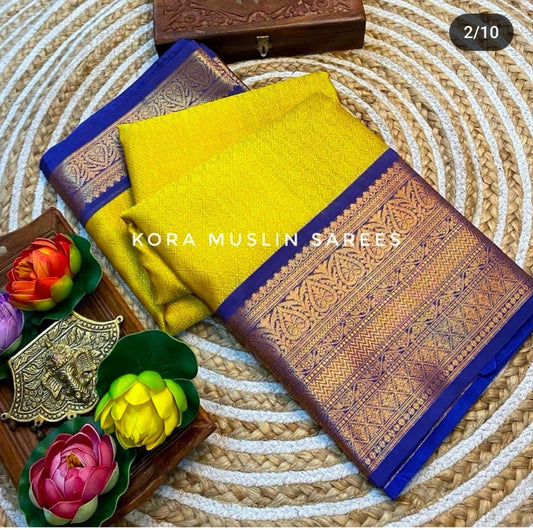 Women's Kanchi kora muslin Yellow with Blue Traditional Zari weaving Saree