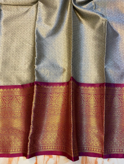 Kanjeevaram Soft silky kora muslin grey color saree with gold zari weaving skirt border saree