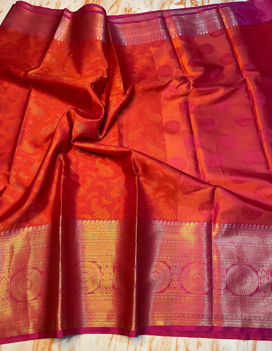 Attractive Kanjeevaram red kanchi kora saree with gold zari weaving skirt traditional border saree