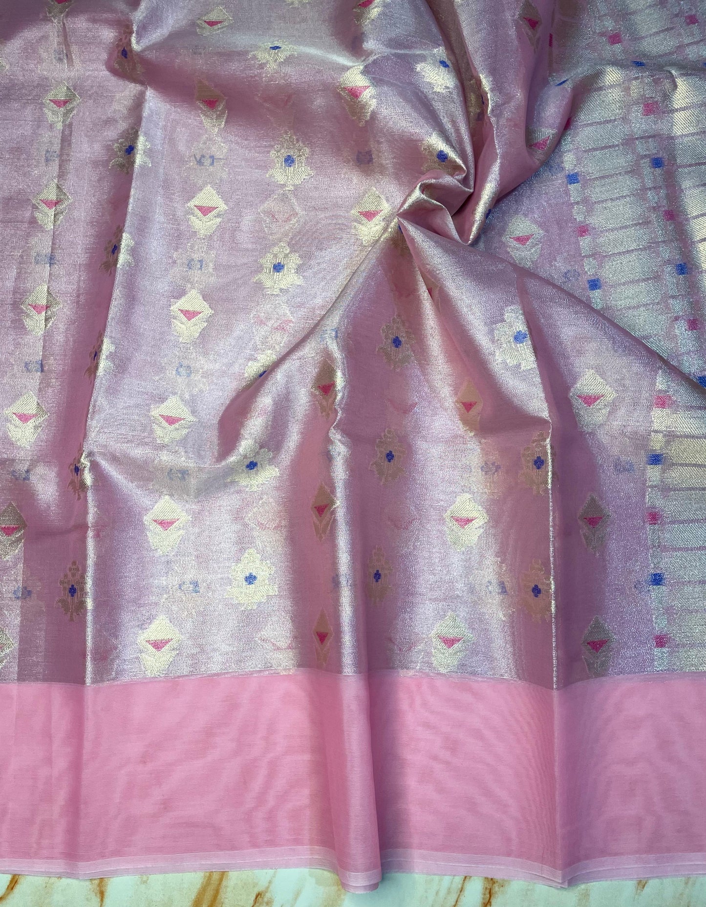 Premium Tissue Organza Baby pink with flower weaving butta Pattern sarees