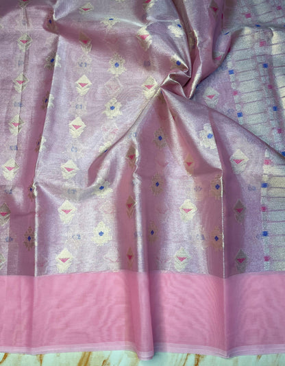 Premium Tissue Organza Baby pink with flower weaving butta Pattern sarees