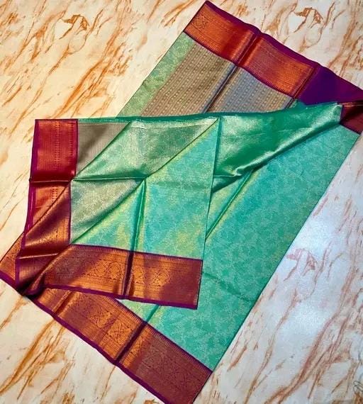 Traditional wear Kanchi Kora Muslin gold zari weaving purple color border saree