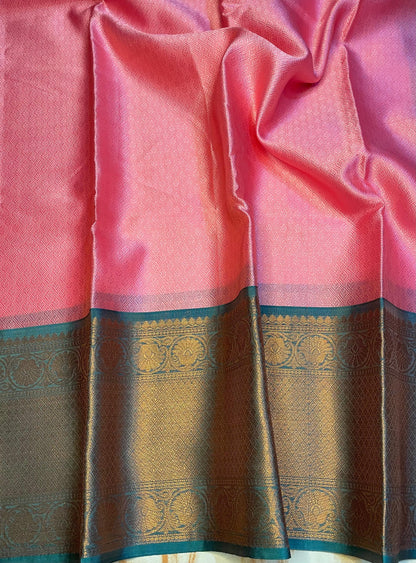 Baby pink Classy look kora muslin saree with green skirt zari weaving border