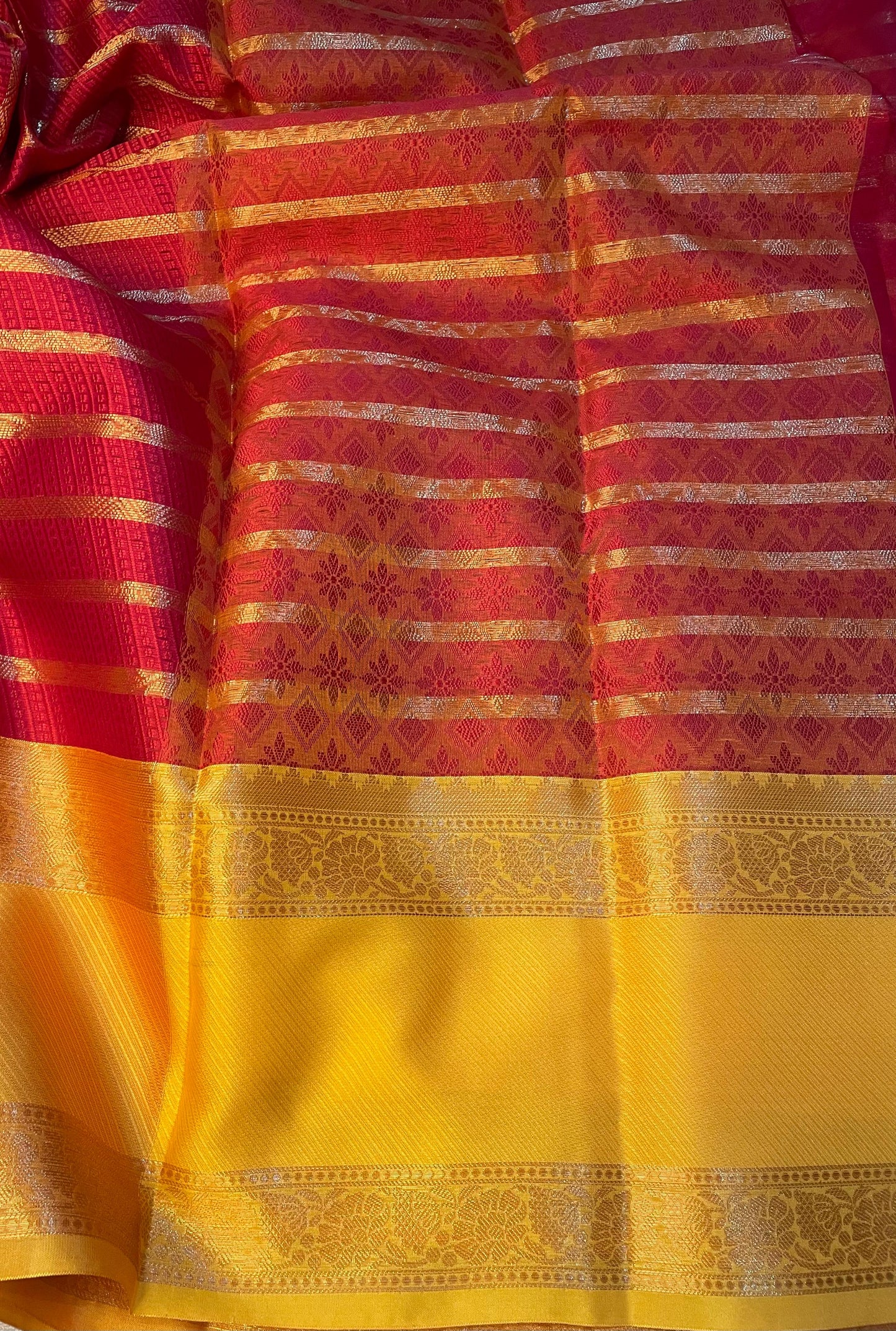 Elegent Kanjeevaram Stipe pattern Kora muslin Red saree with Yellow Skirt Border traditional saree