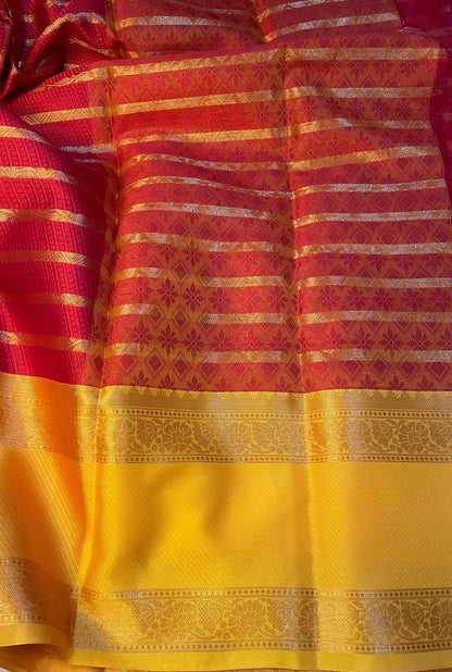 Elegent Kanjeevaram Stipe pattern Kora muslin Red saree with Yellow Skirt Border traditional saree