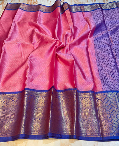 Kanjeevaram Pink with Dark blue Kanchi kora muslin Silky sarees