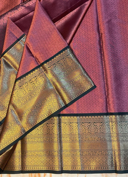Kanjeevaram kora muslin Wine color with gold zari weaving border traditional saree