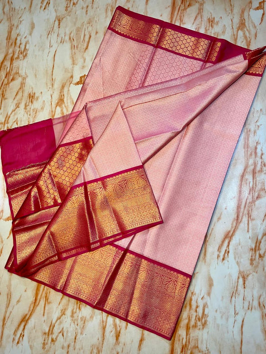 Baby pink with Dark pink zari weaving kora muslin saree