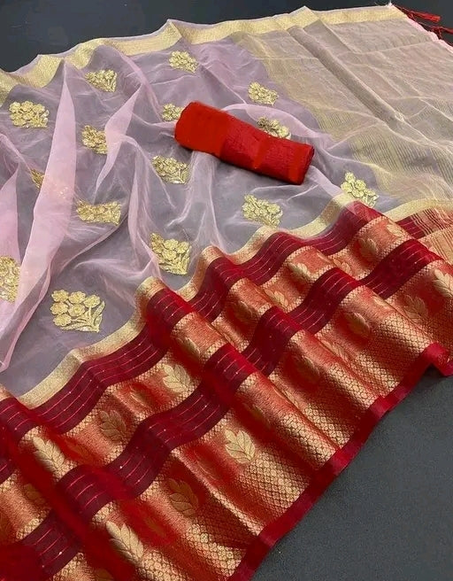 Organza Embroidery work Saree with Unstitched blouse piece