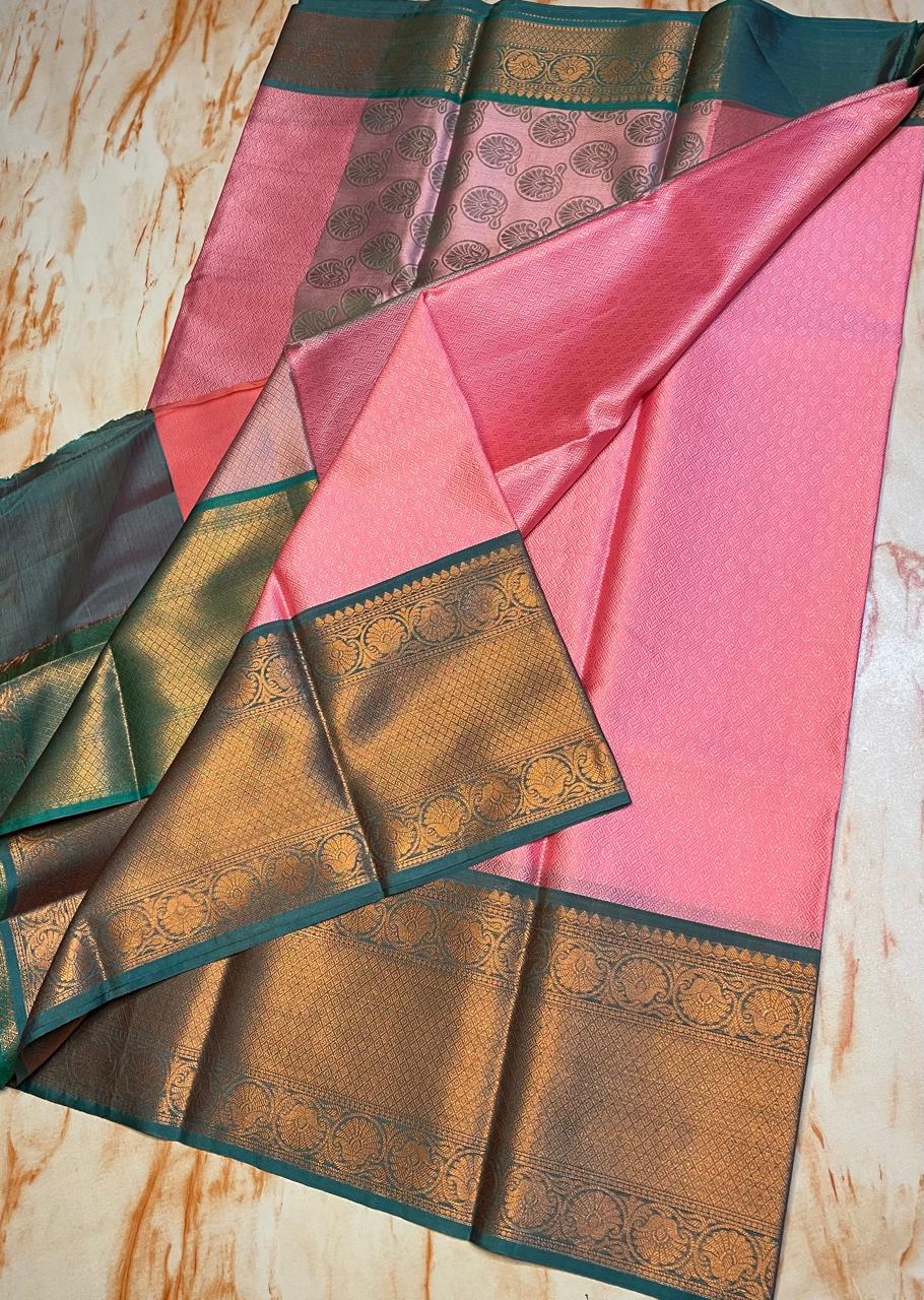 Baby pink Classy look kora muslin saree with green skirt zari weaving border